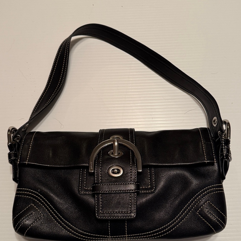 Coach Black Leather Shoulder Bag with Silver Accents